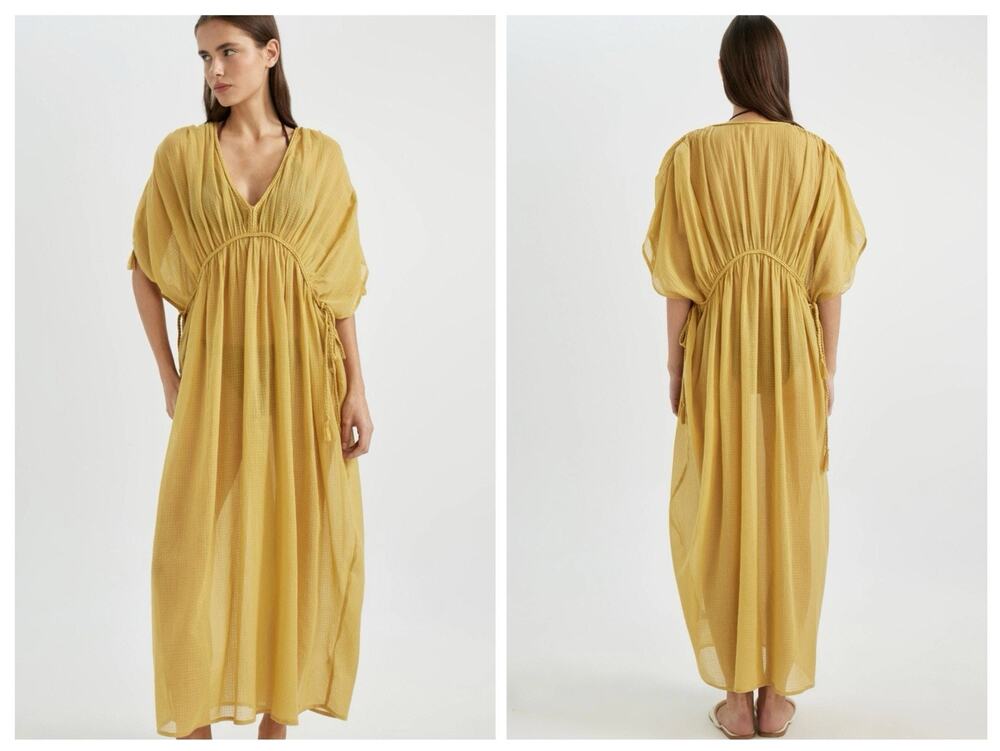 Zara Kaftan Mustard Yellow Boho Maxi Dress. Size M/L V Neck